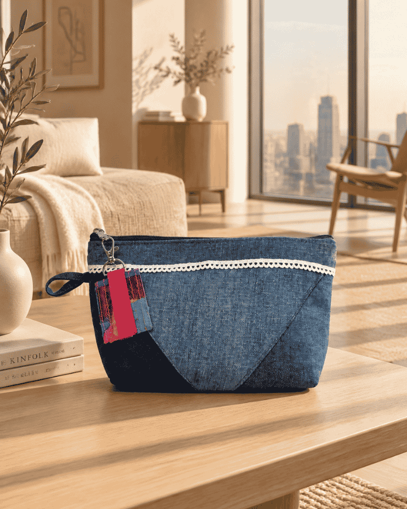 Blue denim utility pouch with red patch detail on a table
