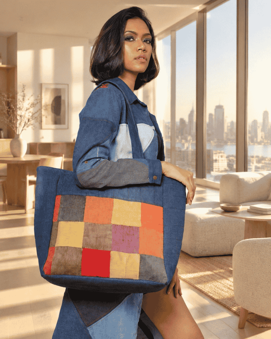 Denim beach bag styled with a casual seaside look