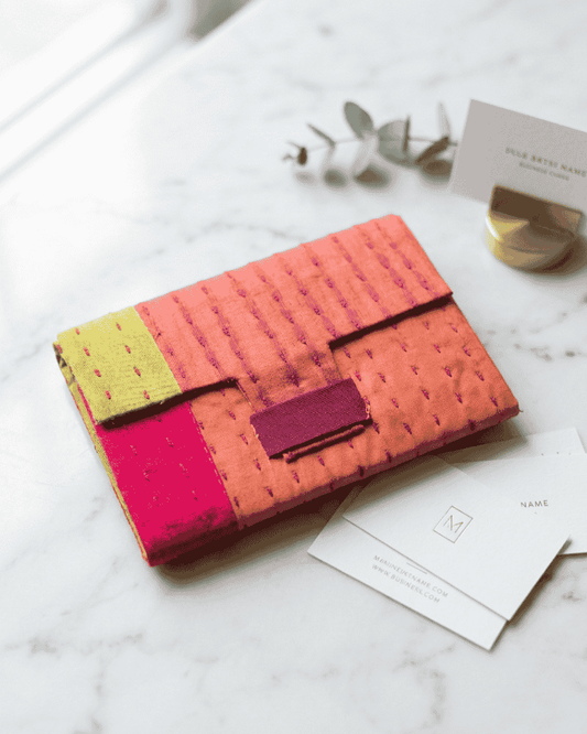 Bunko Junko colourful fabric business card holder in pink, orange and yellow.