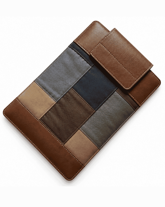 Blue and brown patchwork iPad case shown flat
