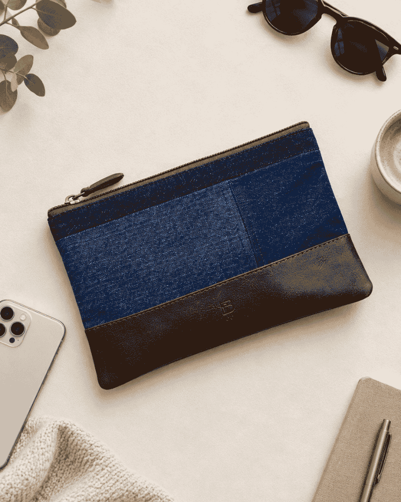 Modern minimalist blue and dark patchwork pouch

