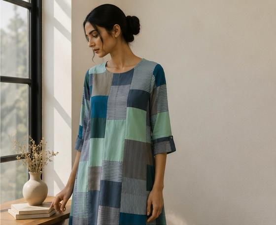 A woman wearing a loose patchwork A-line tunic dress with three-quarter sleeves, featuring a geometric pattern of blue, green, gray multi colours.