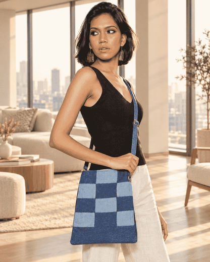 Blue patchwork denim crossbody bag worn by a woman
