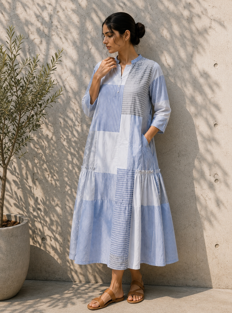 Sora blue and white cotton patchwork tiered dress with striped panels and three-quarter sleeves, modeled by a woman.