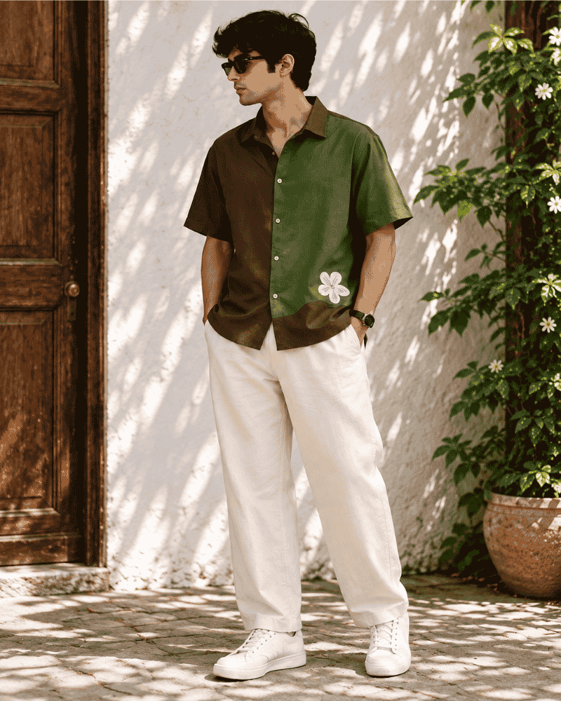 Men's brown and olive green upcycled shirt front view