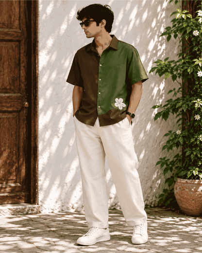 Men's brown and olive green upcycled shirt front view