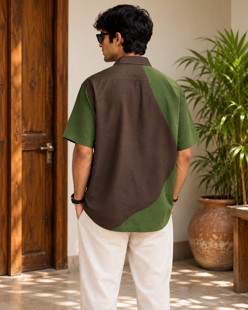 Men's brown and olive green upcycled shirt back and detail view