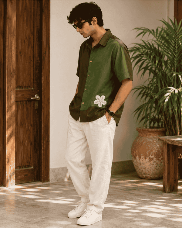 Men's brown and olive green upcycled shirt front view