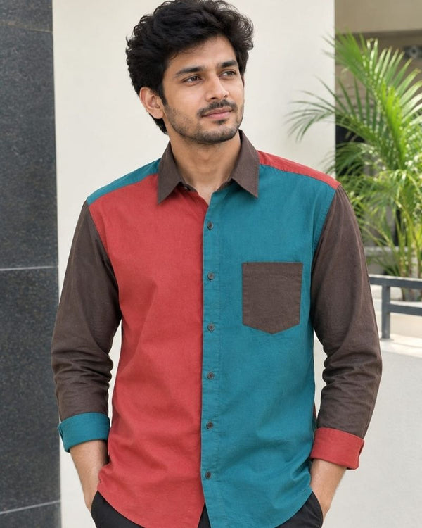 Men's brown and teal colour block upcycled shirt  front view