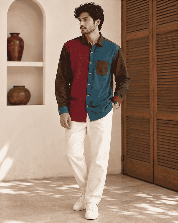 Men's brown and teal colour-block upcycled shirt  front view