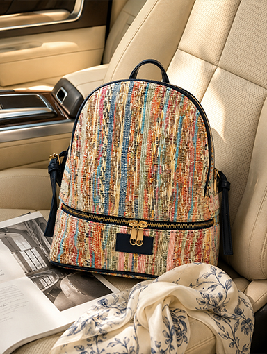 A multicolor vertically striped woven backpack with blue leather trim and gold-tone hardware.