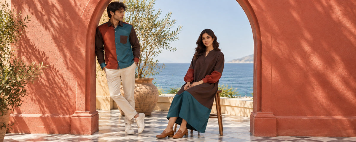 Bunko Junko circular fashion collection featuring upcycled clothing against a sunlit coastal setting.