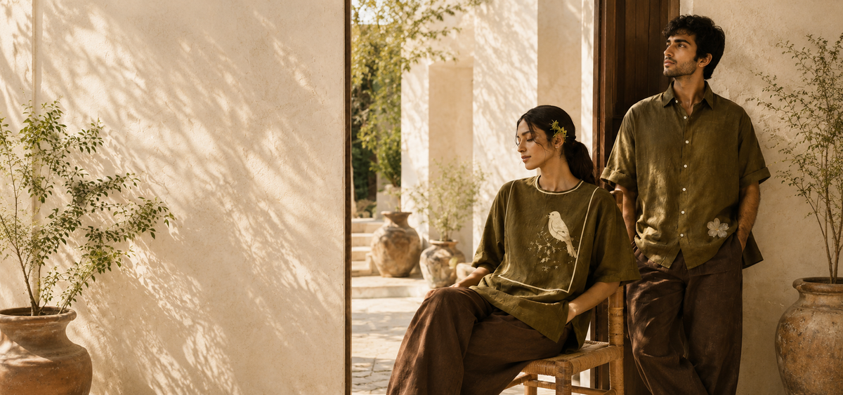 Bunko Junko sustainable clothing collection featuring olive green upcycled apparel in natural light