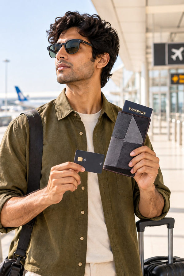 Man holding Bunko Junko upcycled textile passport cover and travel card at an airport.