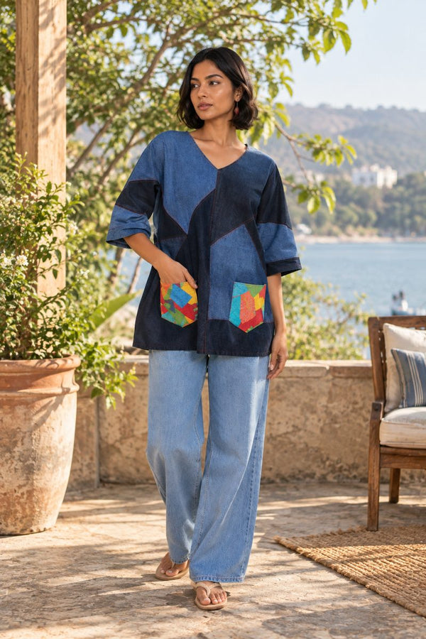 Bunko Junko upcycled tunic made from repurposed textiles.