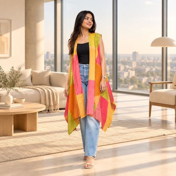 A woman stands in a park wearing a sleeveless, open-front duster vest with a bold geometric patchwork pattern in yellow, orange, pink, and green over a black top and light blue jeans.