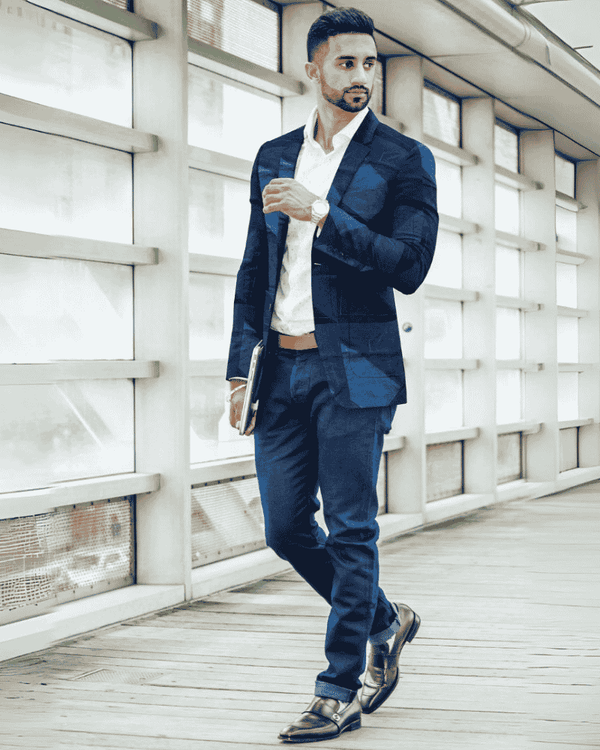 Men's denim mosaic upcycled blazer lifestyle view