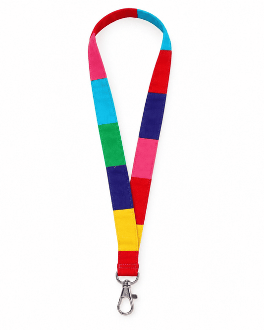 Multicolour eco lanyard made from upcycled fabric strips with a metal attachment clip.
