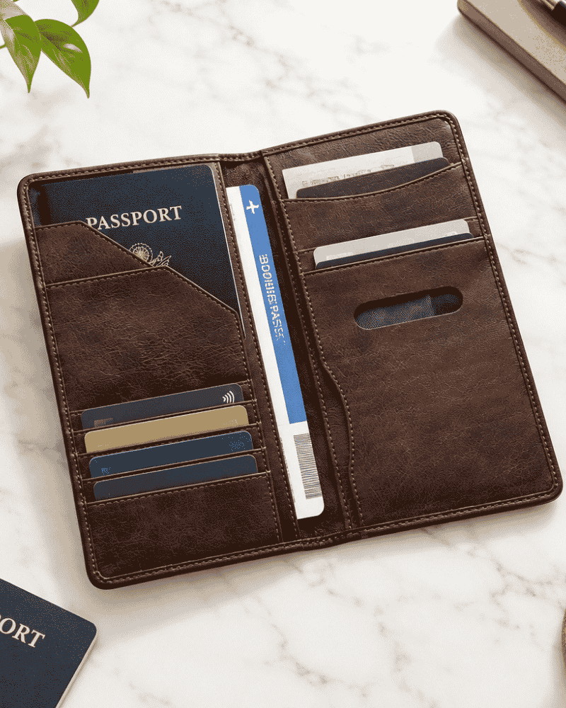 Brown passport cover with multiple card and document compartments
