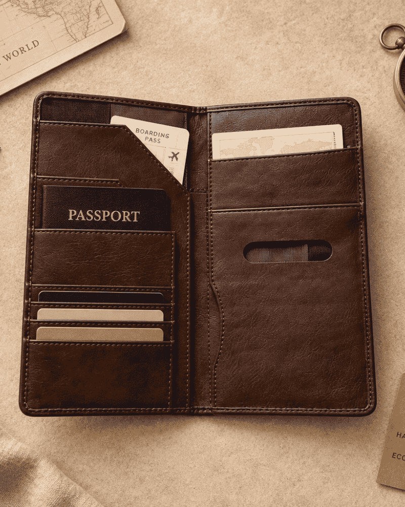 Open passport cover showing interior compartments for travel documents and cards