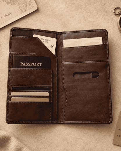 Open passport cover showing interior compartments for travel documents and cards
