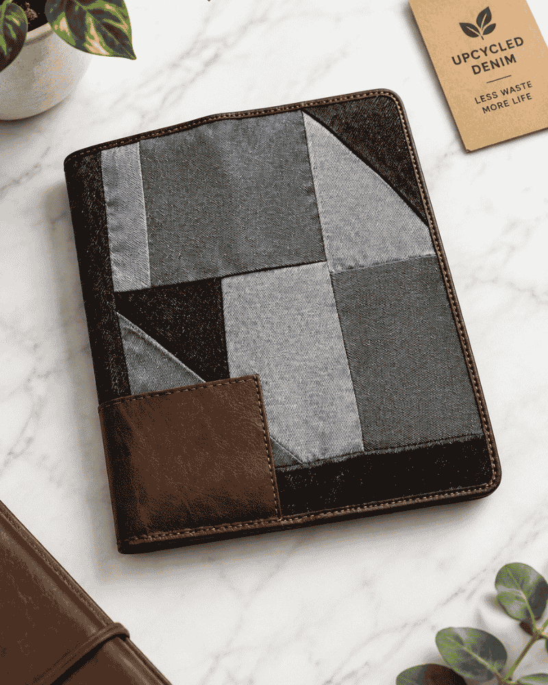 Black and grey patchwork passport cover with travel document slots

