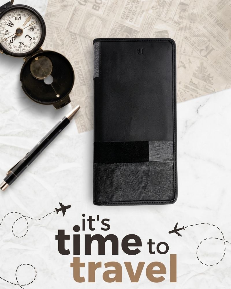 Elegance passport cover in black and grey patchwork design
