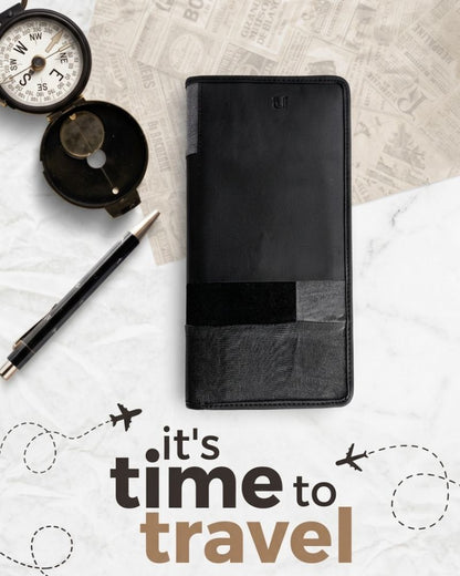 Elegance passport cover in black and grey patchwork design
