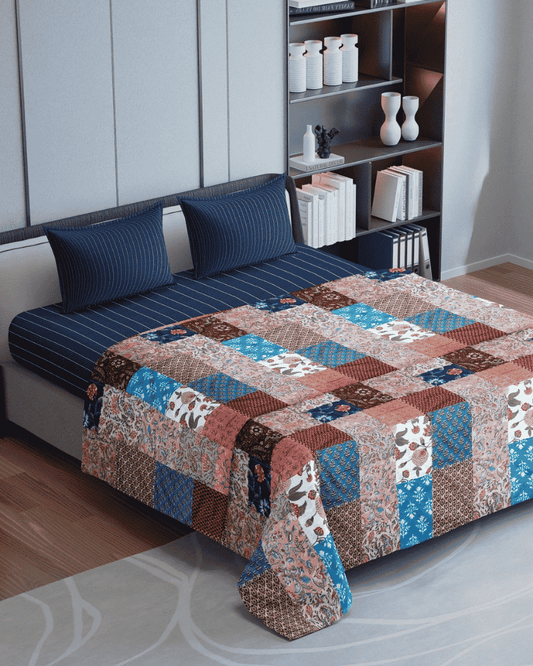 Ethnic Charm upcycled patchwork bed spread in a bedroom