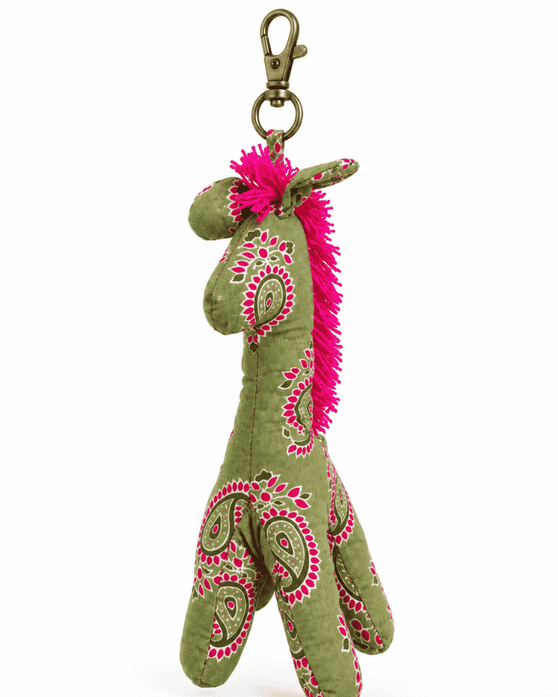 Green paisley fabric horse keychain with a pink fringe mane and metal clip on a white background