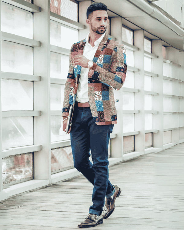 Men's heritage patchwork upcycled blazer lifestyle view