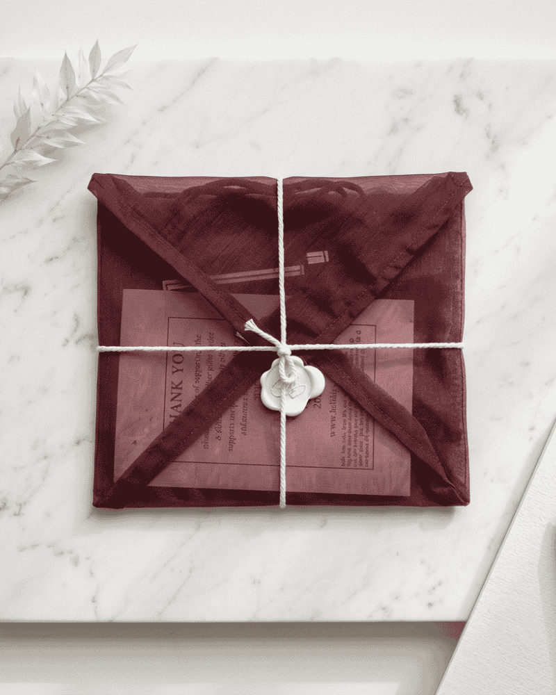 Burgundy fabric envelope with white cord tie and decorative charm