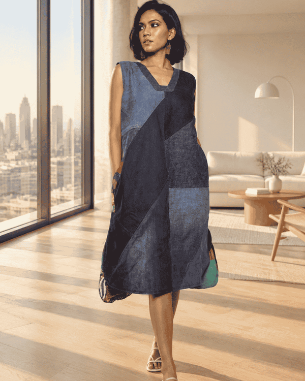 Woman wearing a blue patchwork denim dress
