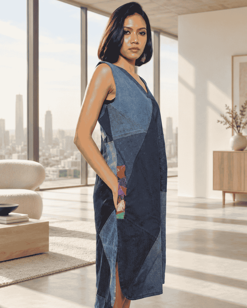 Woman wearing a blue patchwork denim dress from the side
