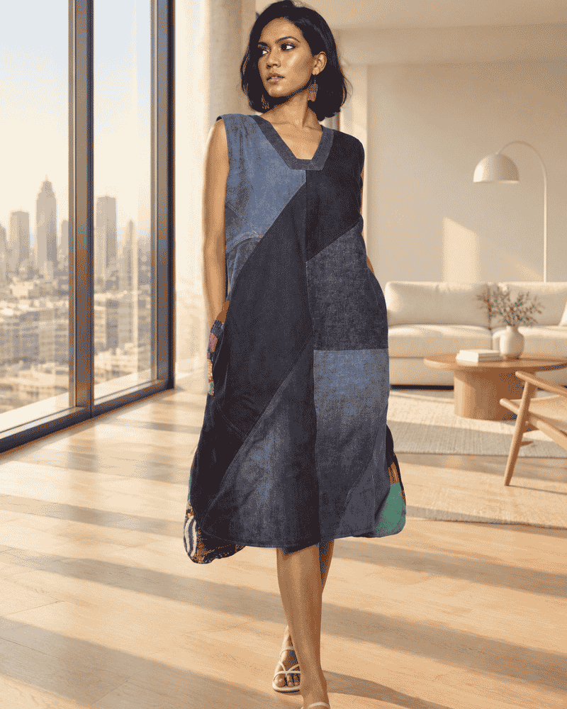 Woman wearing a blue patchwork denim dress

