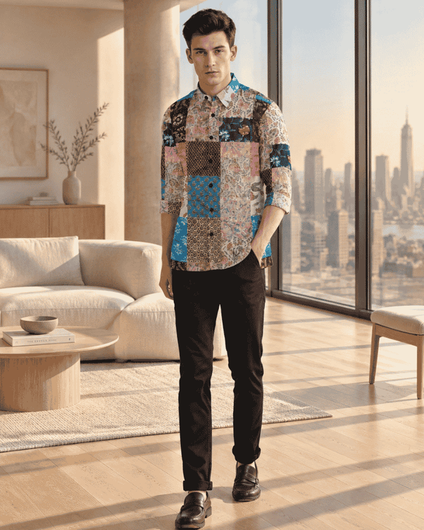 Men's kaleidoscope patchwork upcycled shirt lifestyle view