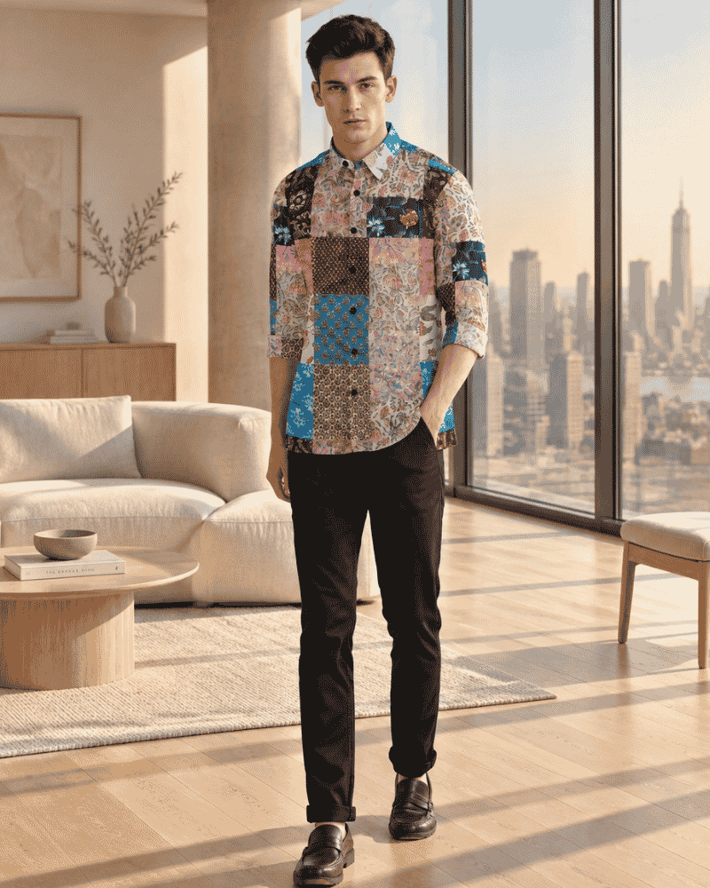 Men's kaleidoscope patchwork upcycled shirt lifestyle view