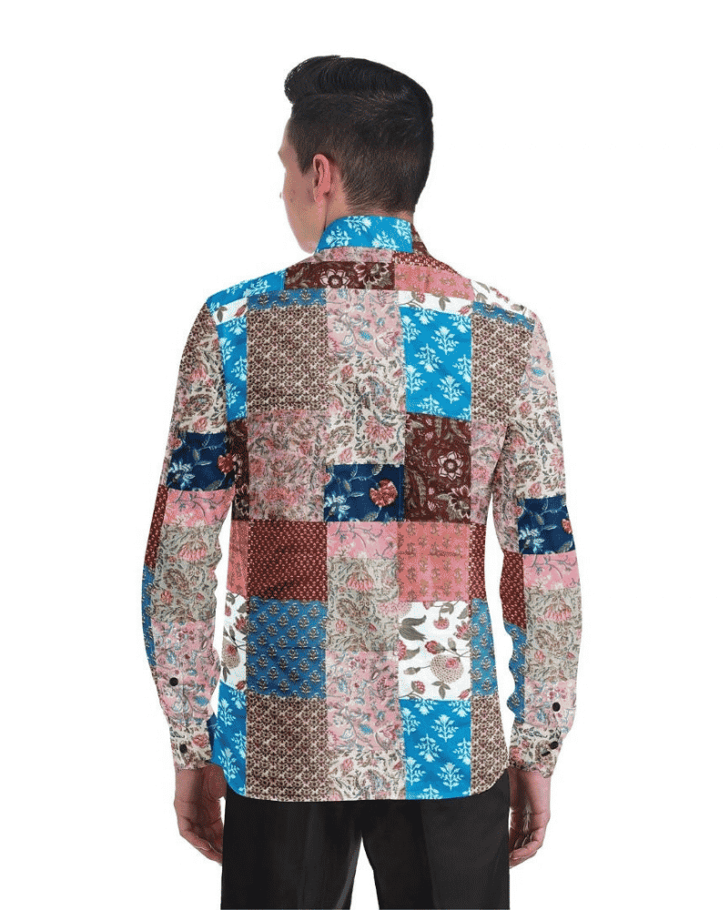Men's kaleidoscope patchwork upcycled shirt back view