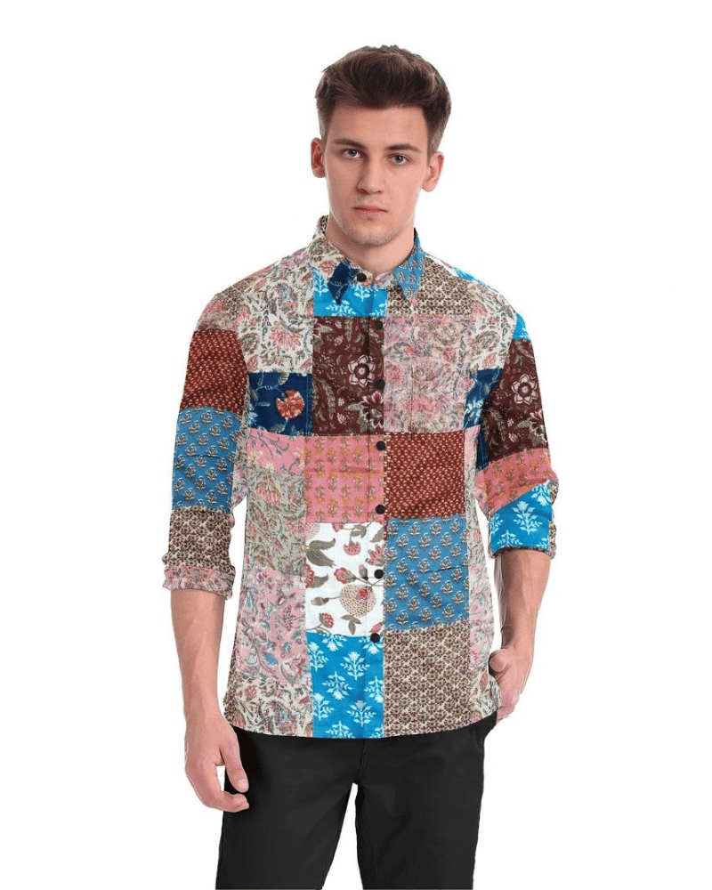 Men's kaleidoscope patchwork upcycled shirt front view