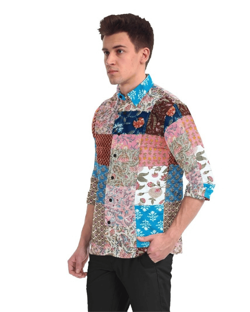 Men's kaleidoscope patchwork upcycled shirt side view