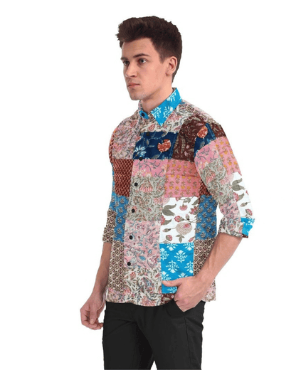Men's kaleidoscope patchwork upcycled shirt side view
