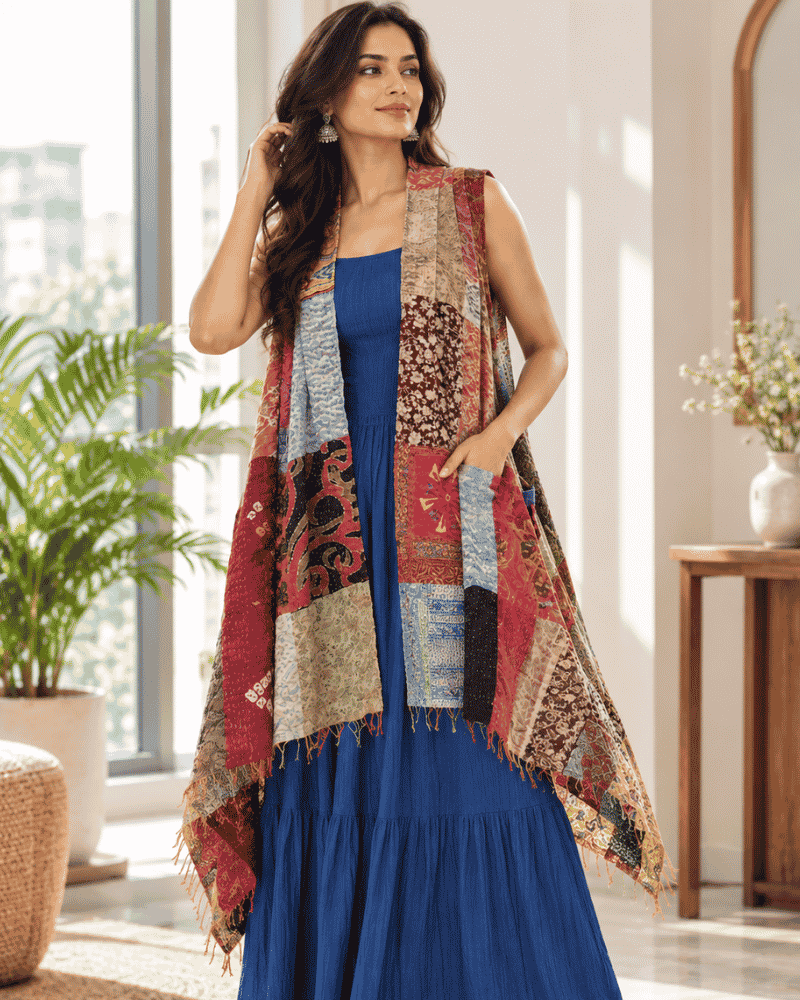 Multicolor Kantha patchwork shrug styled over a blue dress