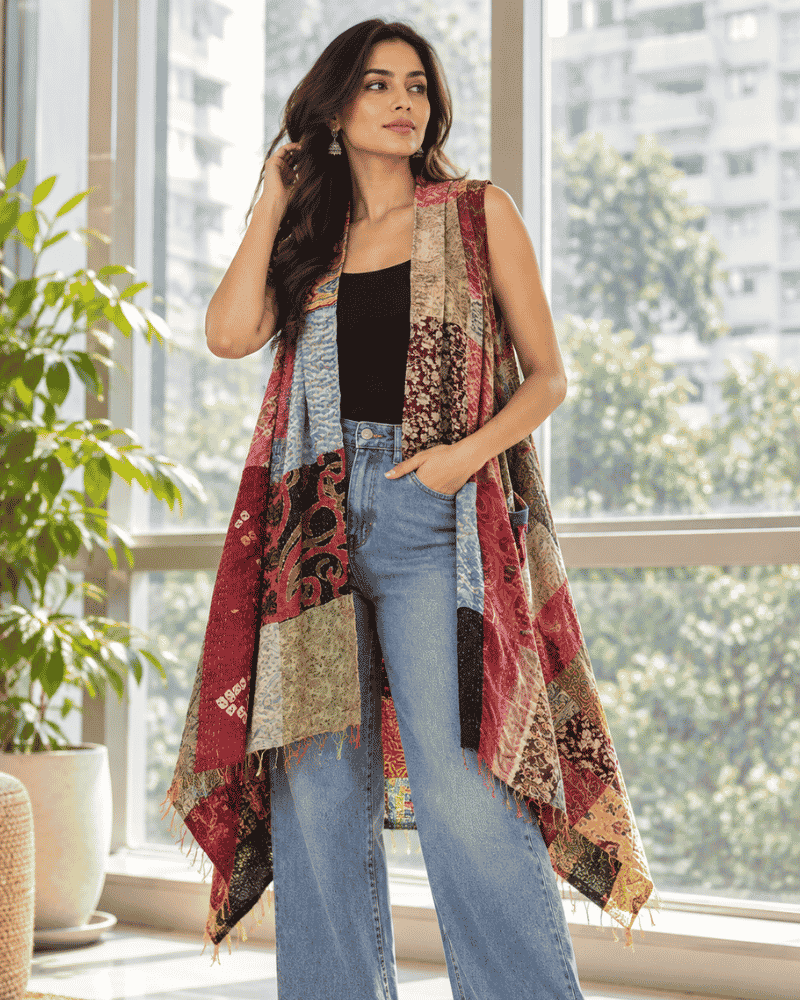 Front view of a one of a kind multicolor Kantha patchwork shrug