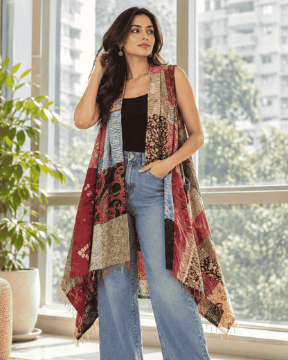 Front view of a one of a kind multicolor Kantha patchwork shrug