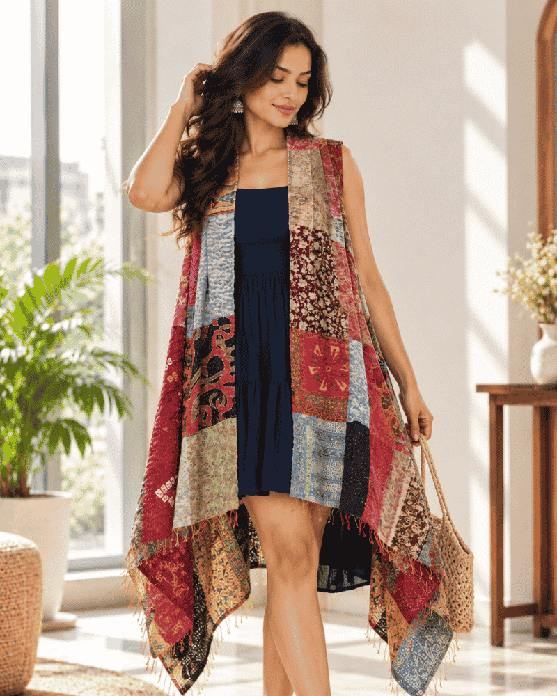 Woman wearing a multicolor Kantha patchwork shrug made from reclaimed textile pieces
