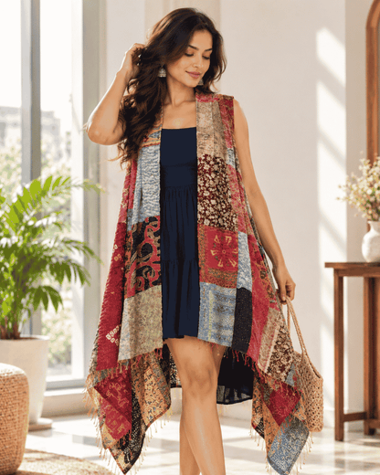 Woman wearing a multicolor Kantha patchwork shrug made from reclaimed textile pieces