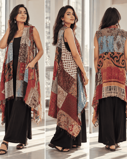 Women styling a multicolor Kantha patchwork shrug made from upcycled textiles