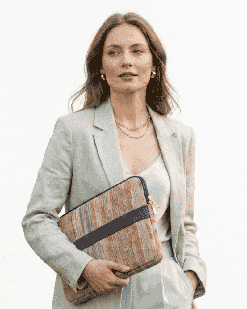 Woman carrying a Kora laptop sleeve made from upcycled textile
