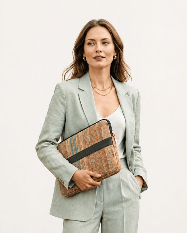 Kora laptop sleeve with brown and grey patchwork design bunko junko.
