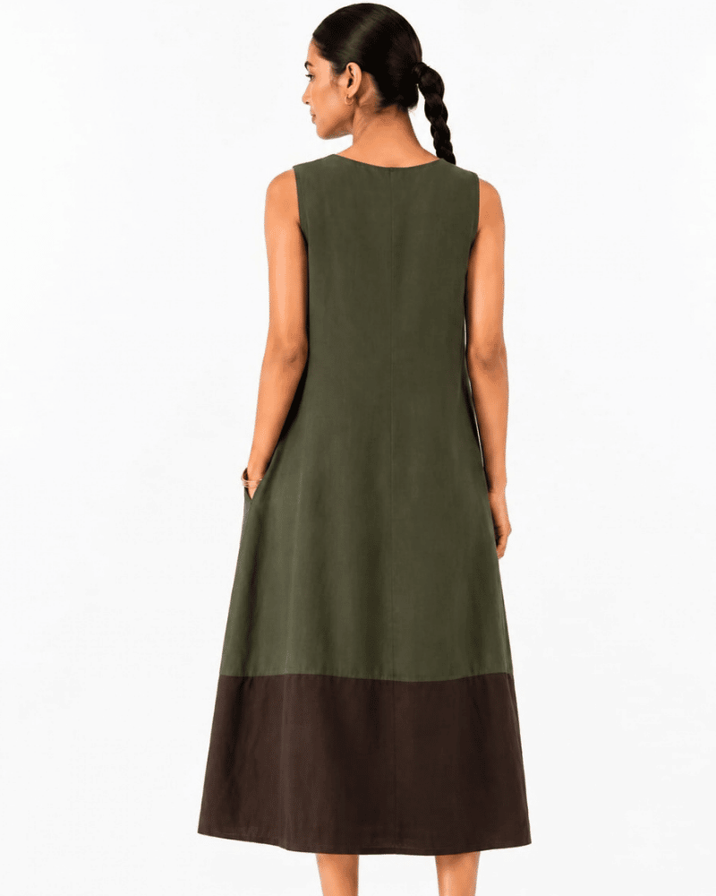 Back view of olive green Mora midi dress with brown hem